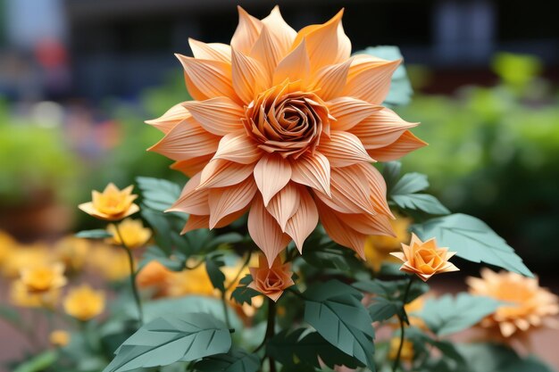 Un girasole e foglie realizzati con carta utilizzando il kirigami o lo stile di lavorazione dell'origami giapponese