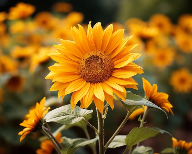 un girasole è in un campo con molte foglie verdi