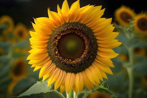 Un girasole è in un campo di girasoli.