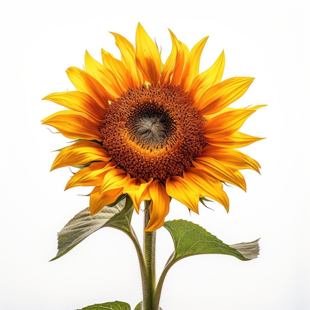 Un girasole giallo con un gambo verde e uno sfondo bianco.