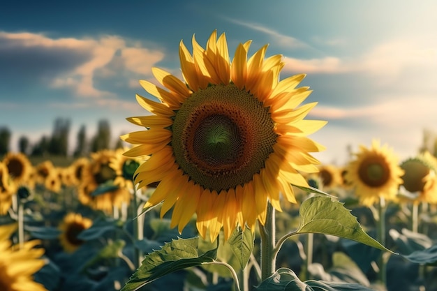 Un girasole in un campo con un cielo blu sullo sfondo