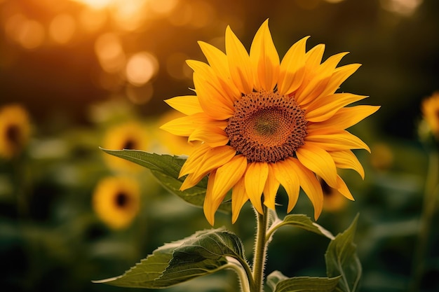 Un girasole in un campo con uno sfondo sfocato