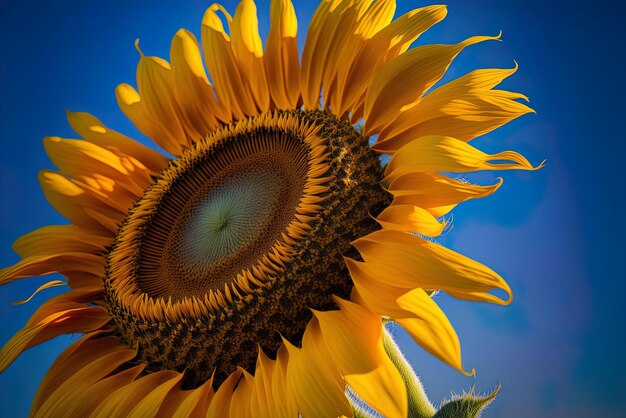 un girasole mozzafiato è mostrato in questo primo piano contro un cielo blu