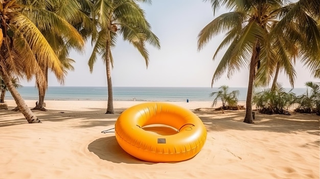 Un giro di nuoto gonfiabile sullo sfondo di una spiaggia con palme di sabbia e l'oceano Bandiera turistica