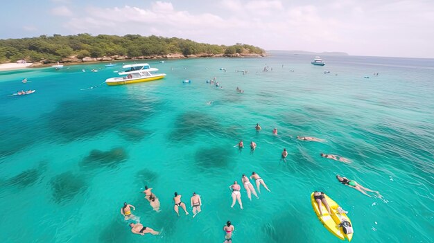 Un giro in barca che li porta in un paradiso per lo snorkeling Immergersi nelle acque scintillanti testimoniare il vibrante ecosistema marino generato dall'AI