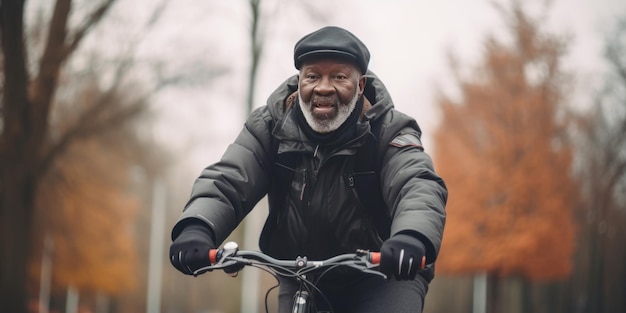 Un giro in bicicletta da parte di un uomo anziano in un parco vestito di nero con un berretto in mezzo a uno scenario verde