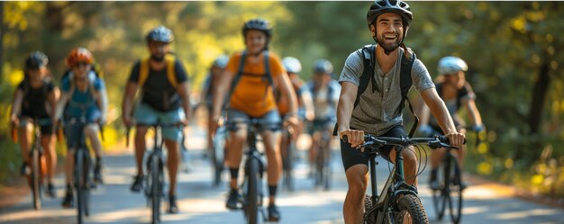 Un giro in bicicletta della comunità che promuove la carta da parati ecologica