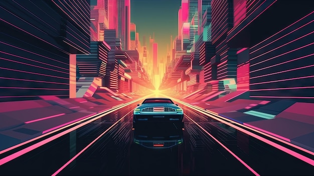 Un giro in macchina sulla strada al neon in stile retro synthwave degli anni '80 generato dall'AI