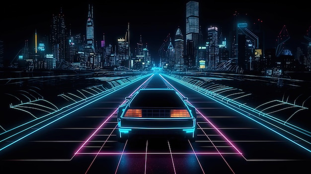 Un giro in macchina sulla strada al neon in stile retro synthwave degli anni '80