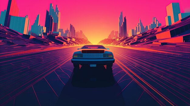 Un giro in macchina sulla strada al neon in stile retro synthwave degli anni '80