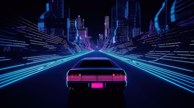 Un giro in macchina sulla strada al neon in stile retro synthwave degli anni '80