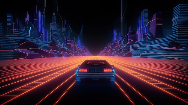 Un giro in macchina sulla strada al neon in stile retro synthwave degli anni '80