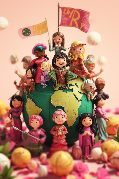 un globo 3D dettagliato con figure animate di donne di varie culture