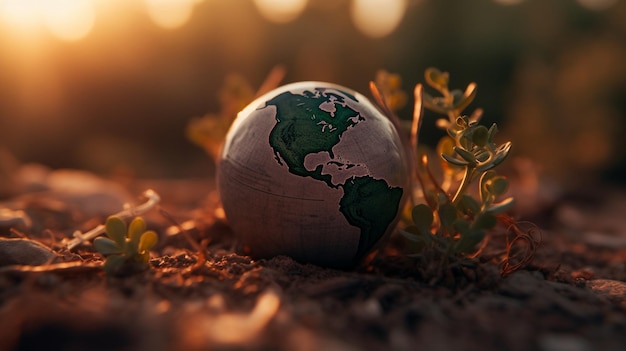 Un globo a terra con il sole che splende attraverso le foglie