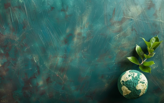 Un globo artigianale accompagnato da piccole foglie presentate su uno sfondo di tela teal che incarna una dichiarazione ambientale artistica