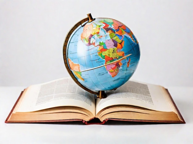 Un globo che poggia su un libro aperto che simboleggia la conoscenza e la prospettiva globale