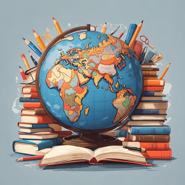 Un globo circondato da libri e matite per rappresentare la giornata internazionale degli studenti