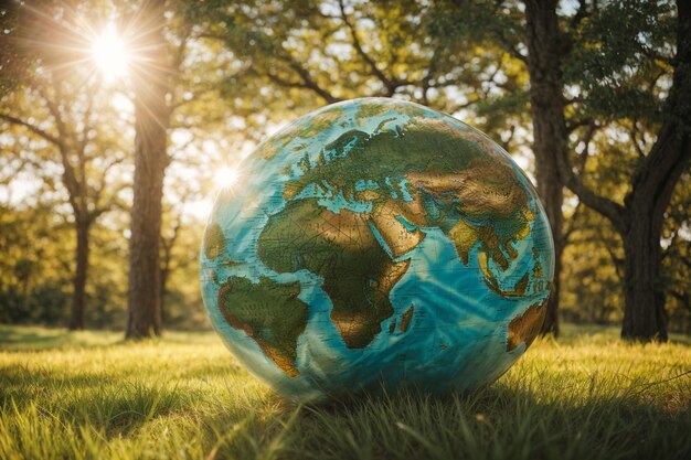 Un globo con alberi o erba che ci mostra un messaggio sul giorno dell'ozono o sulla terra verde