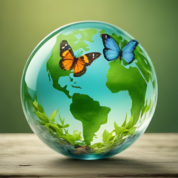 un globo con farfalle e uno sfondo verde con una farfalla in fondo