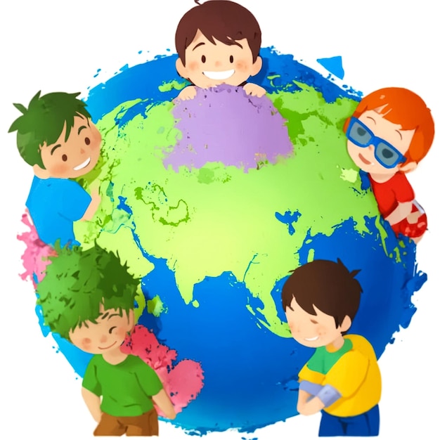 un globo con i bambini intorno ad esso e una foto di un bambino con una mappa del mondo