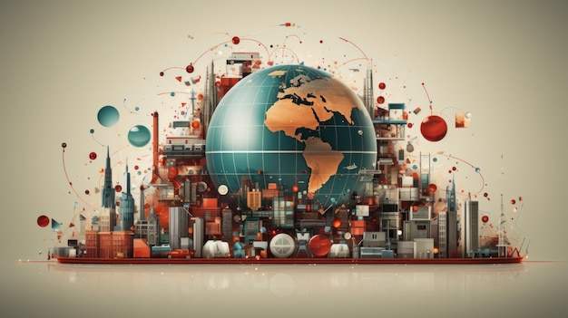Un globo con icone relative agli affari che simboleggiano gli affari globali e il commercio generato dall'IA