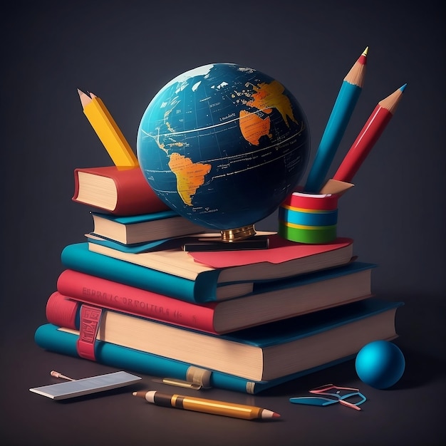 un globo con matite e matite in cima a un mucchio di libri su sfondo nero