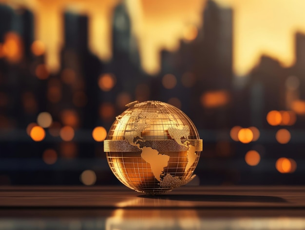 Un globo d'oro terra concetto di finanza economia affari globali grattacieli nello stile di bokeh sullo sfondo AI generativa