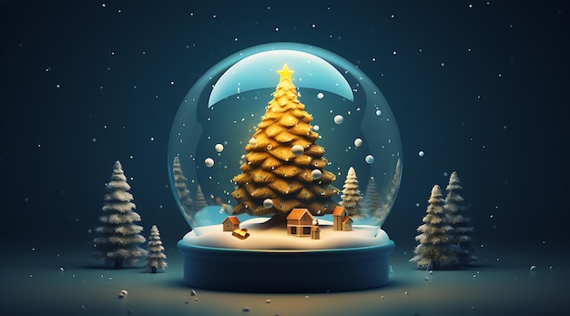 un globo di neve con un albero di Natale su di esso seduto Generative AI