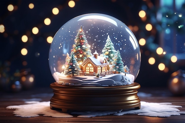 Un globo di neve incandescente con una magica area natalizia con piccole lanterne all'interno
