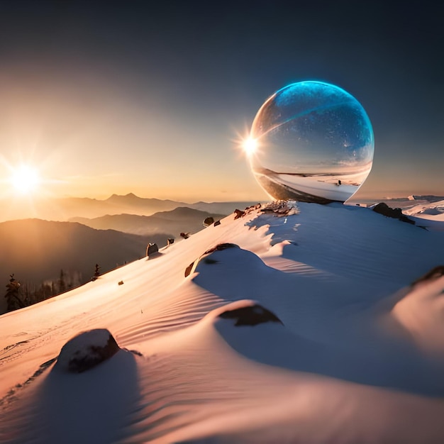 Un globo di neve si trova sulla cima di una montagna innevata.