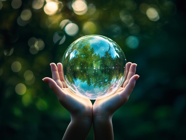 un globo di vetro con la parola terra nelle mani