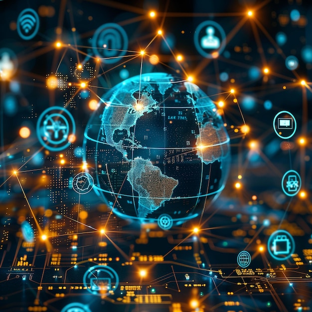 Un globo digitale circondato da nodi interconnessi che rappresentano varie tecnologie digitali come