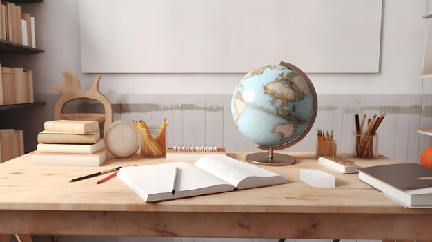 Un globo su una scrivania con un libro in aula