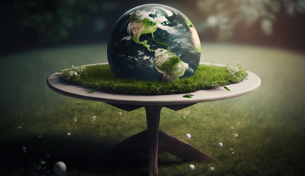 Un globo verde su un tavolo con erba e fioriUn globo verde in piedistallo erba generativa ai