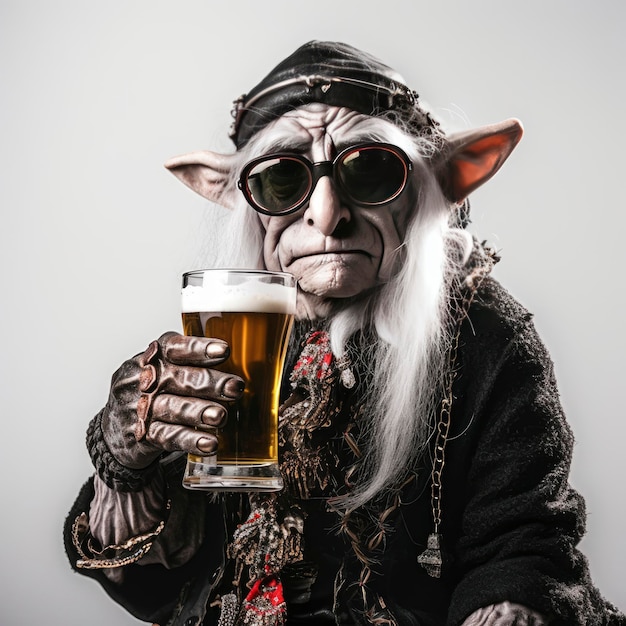 Un goblin che beve birra