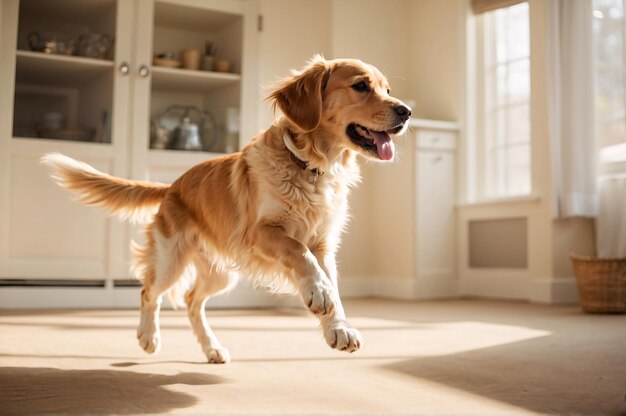 Un golden retriever che gioca e salta nel salotto concetto di animali domestici cani di razza pura