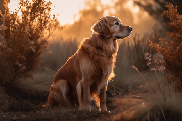 Un golden retriever siede in un campo con un golden retriever sullo sfondo