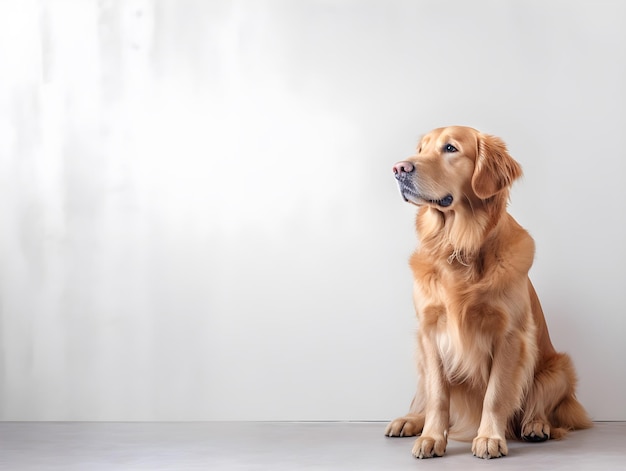 Un golden retriever siede su un pavimento grigio davanti a un muro bianco.