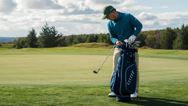 Un golfista che tira fuori la mazza da golf da una borsa