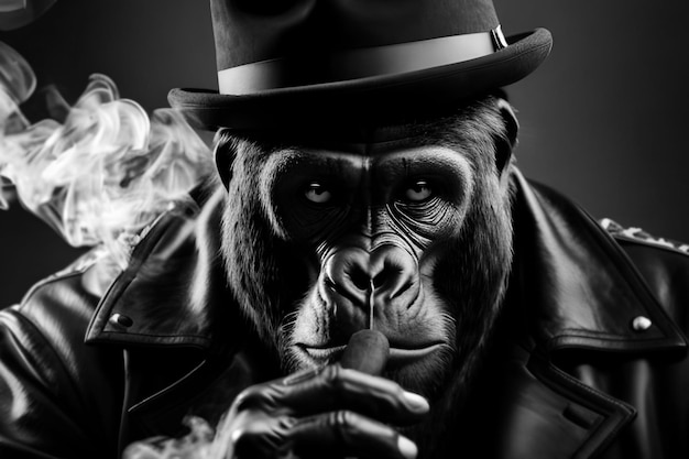 Un gorilla che fuma un sigaro in una foto in bianco e nero