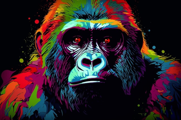 Un gorilla colorato con uno sfondo nero.