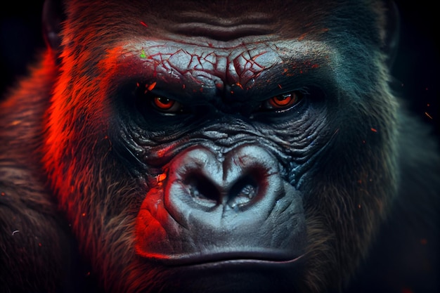 Un gorilla con gli occhi rossi è davanti a uno sfondo scuro