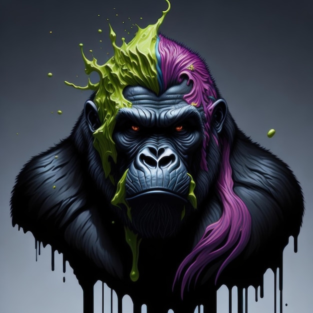 Un gorilla con i capelli verdi e viola e la testa viola e verde.