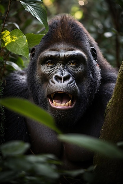 un gorilla con la bocca aperta e i denti che mostrano i denti.
