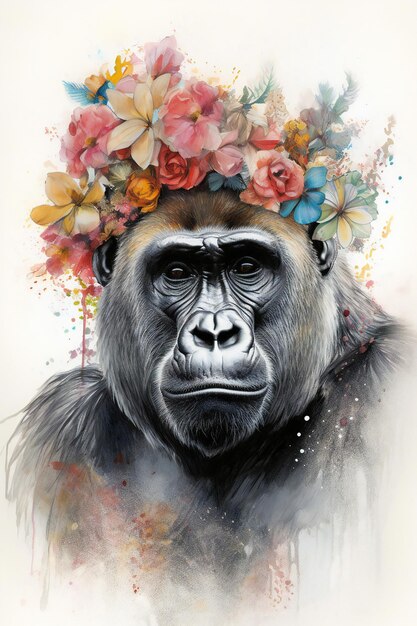 Un gorilla con una corona di fiori