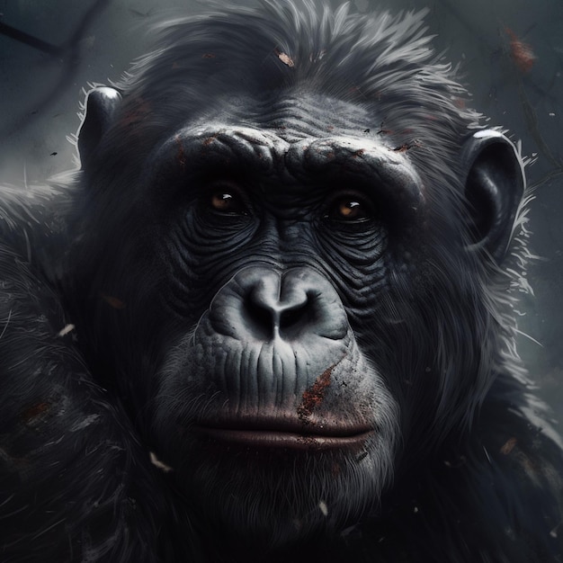 Un gorilla con una faccia insanguinata è su uno sfondo scuro.