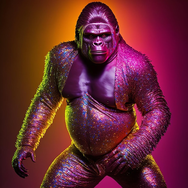 Un gorilla con una giacca arcobaleno è in piedi su uno sfondo colorato.