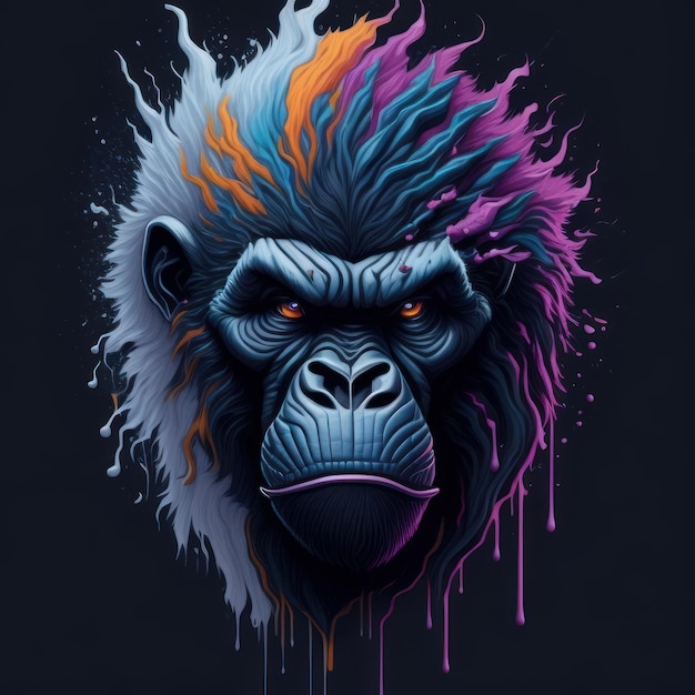 Un gorilla con una testa colorata su sfondo nero