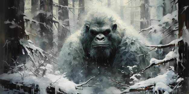 un gorilla nel bosco con uno sfondo coperto di neve