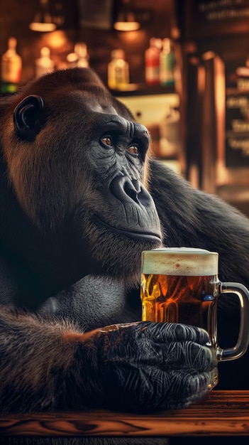 Un gorilla pensieroso che beve un bicchiere di birra in un vecchio bar inglese guarda il poster del concetto della telecamera